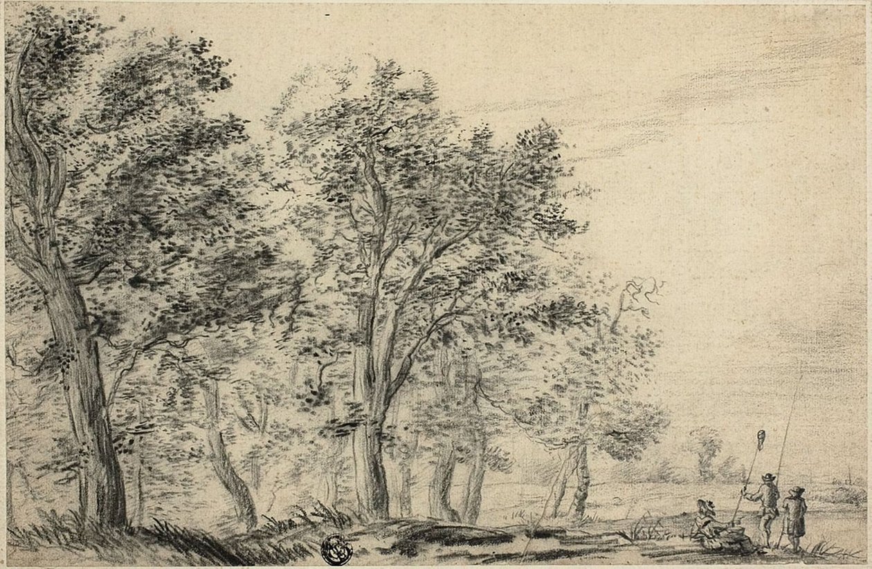 Bewaldete Flusslandschaft mit drei Menschen beim Angeln von Jacob van Ruisdael
