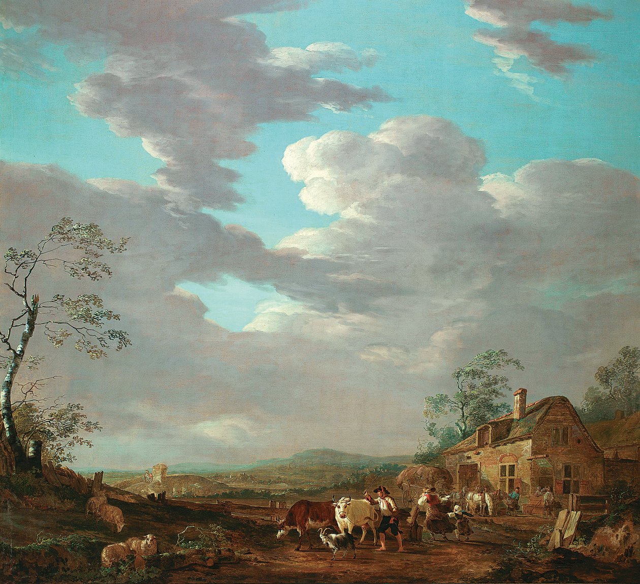 Landschap met figuren en vee bij een herberg von Jacob van Strij