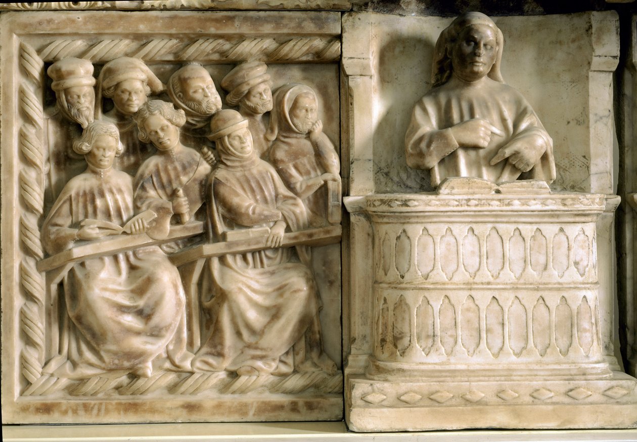 Grabdenkmal von Carlo, Roberto und Riccardo da Saliceto: Studenten, die einem Kurs beiwohnen (Skulptur, ca. 1403) von Jacobello and Pier Paolo dalle Masegne