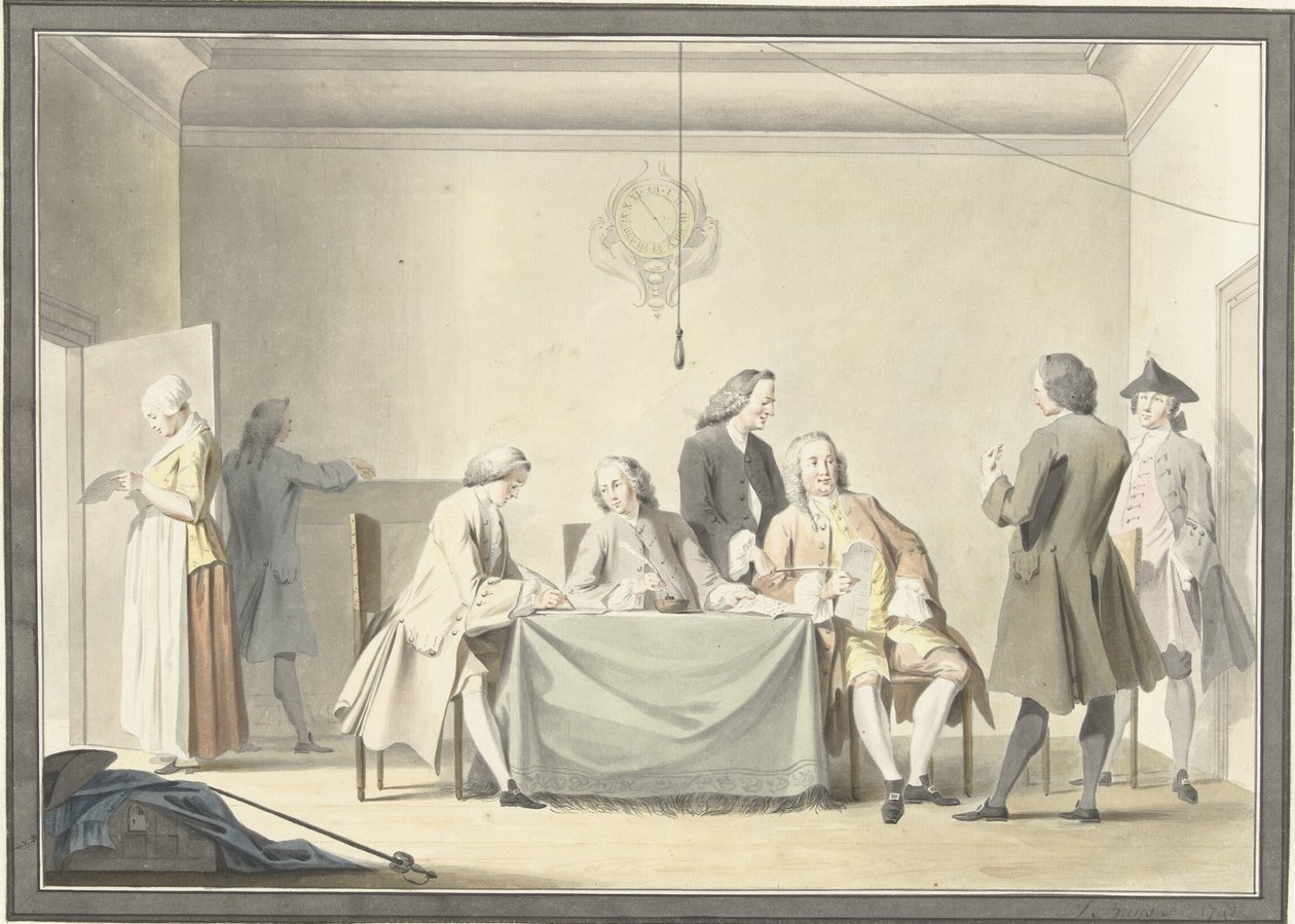 Sitzung der Kommissare zur Entgegennahme der liberalen Spenden, oder 50. Pfennig, 12. September 1747 von Jacobus Buys (signed by artist)