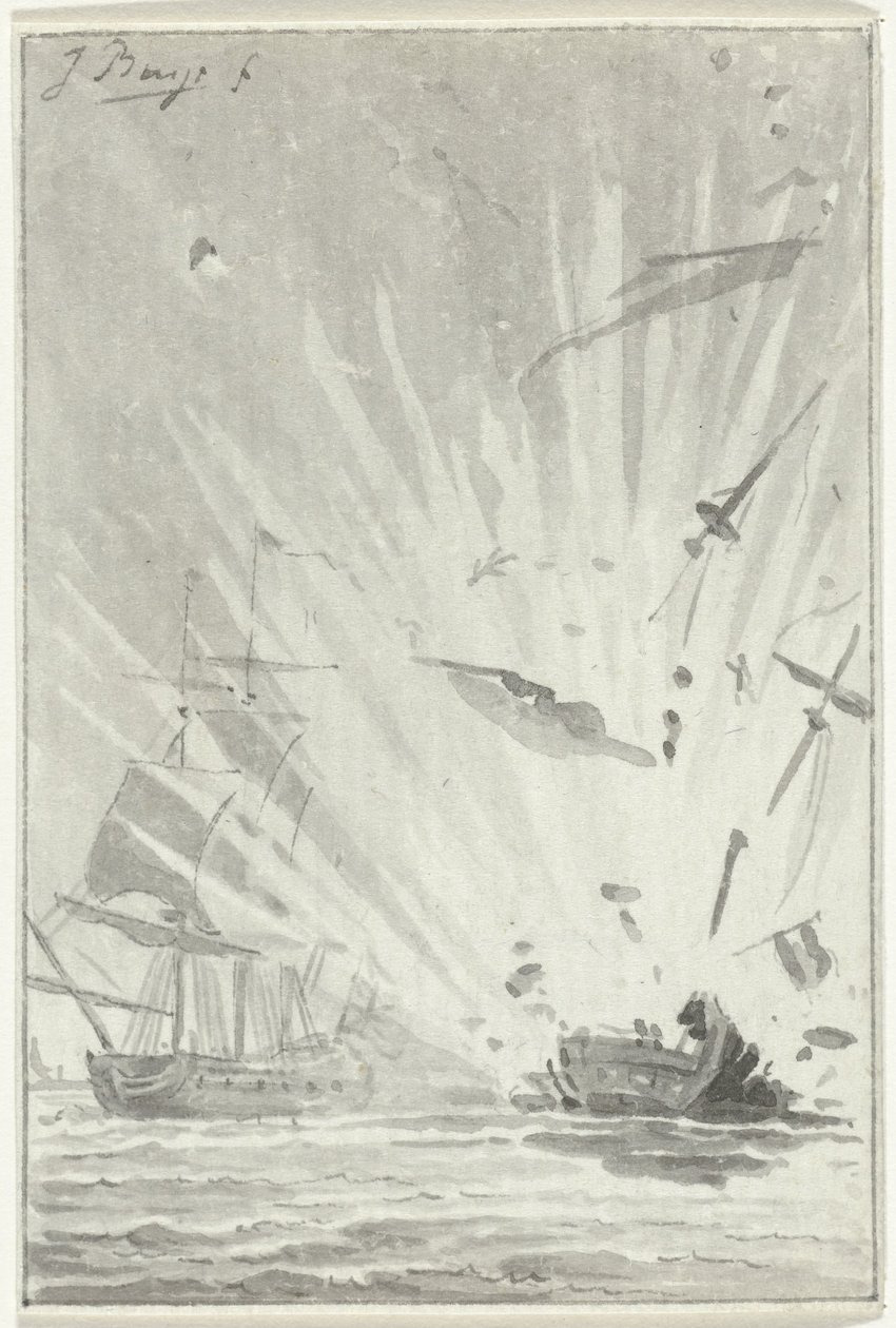 Explosion des niederländischen Kaperschiffs De Dappere Patriot im Kampf mit dem englischen Schiff Kameleon, 14. August 1781 von Jacobus Buys