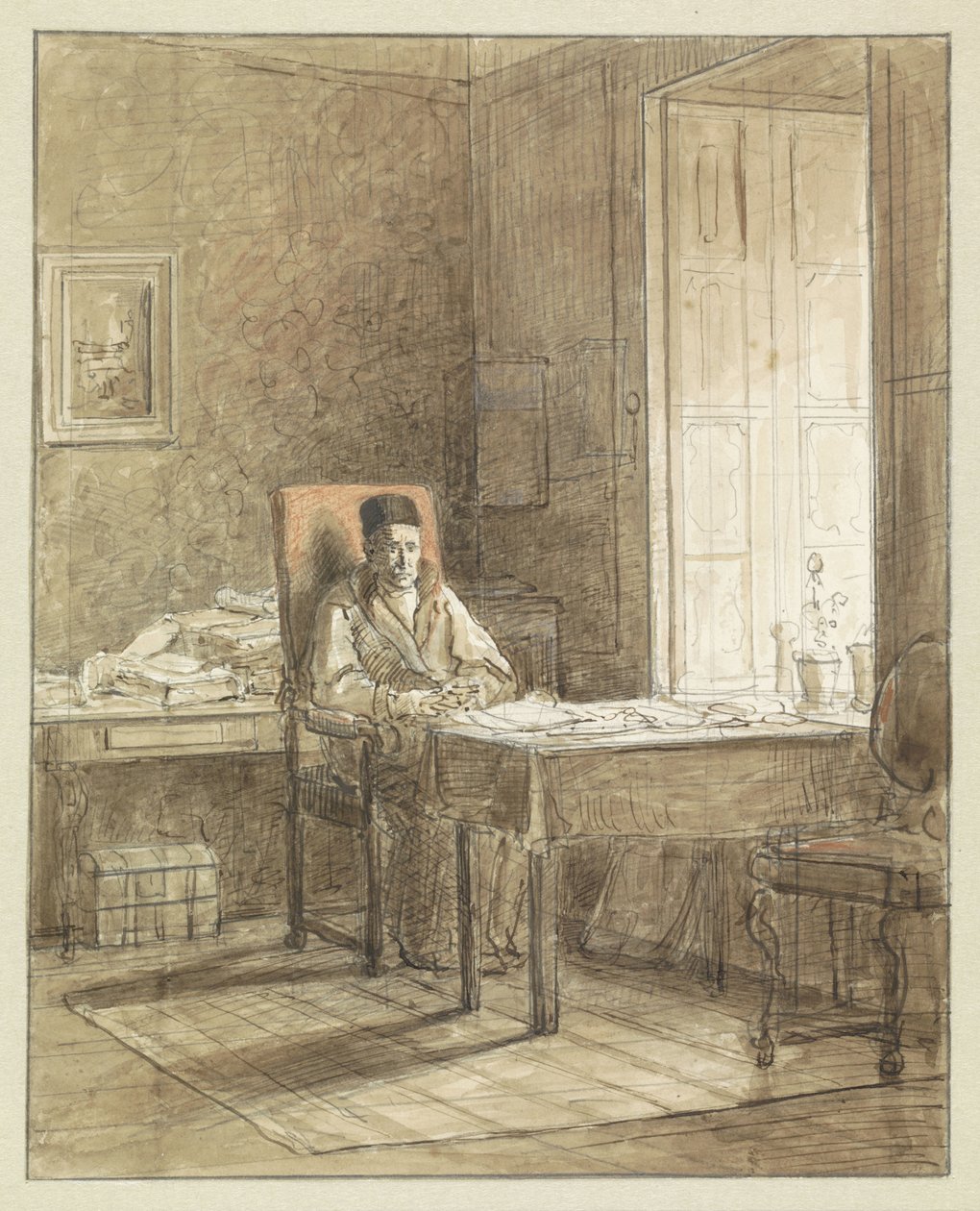 Porträt von Gerrit Lamberts, sitzend in einem Lehnstuhl im Druckkabinett von Jacobus Ludovicus Cornet