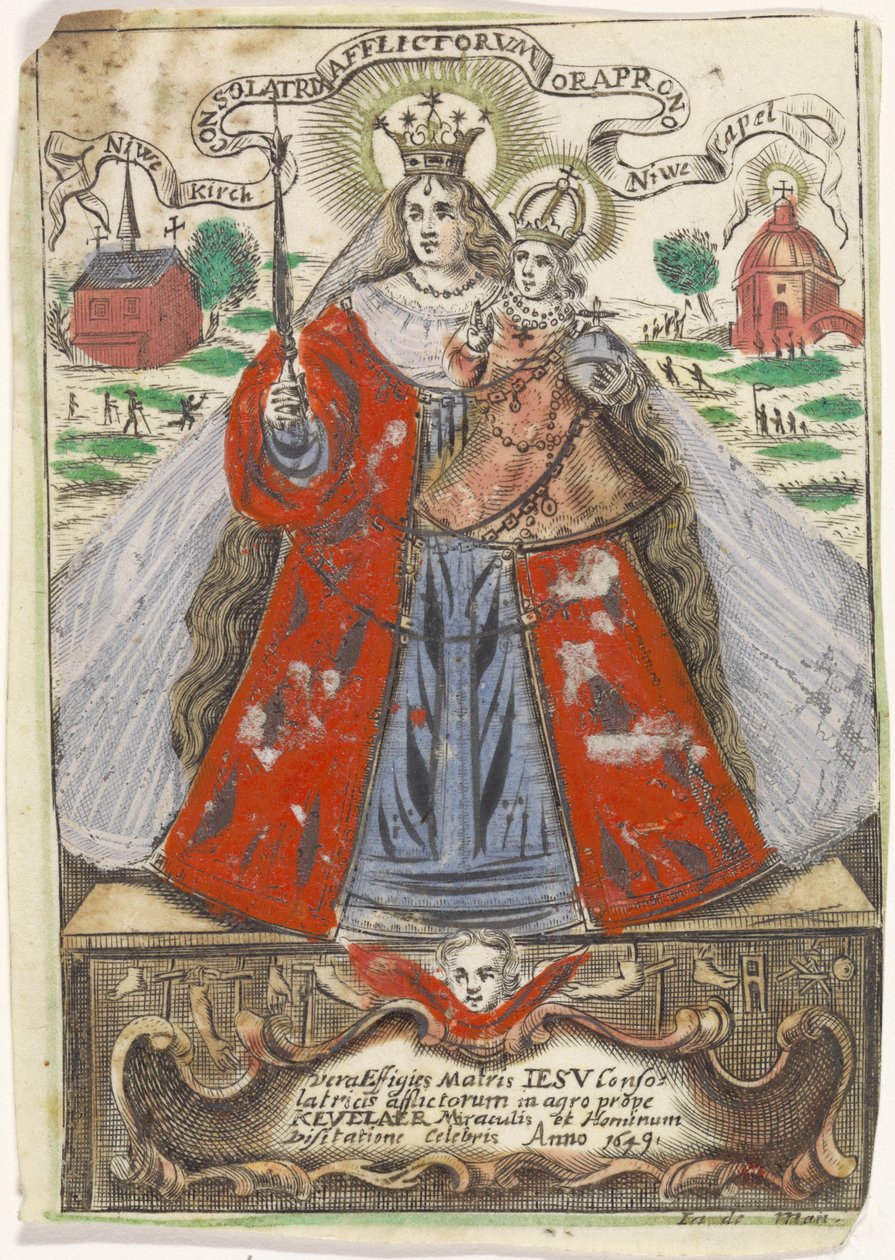 Maria mit Kind und zwei Kirchengebäuden im Hintergrund von Jacobus de Man (I)