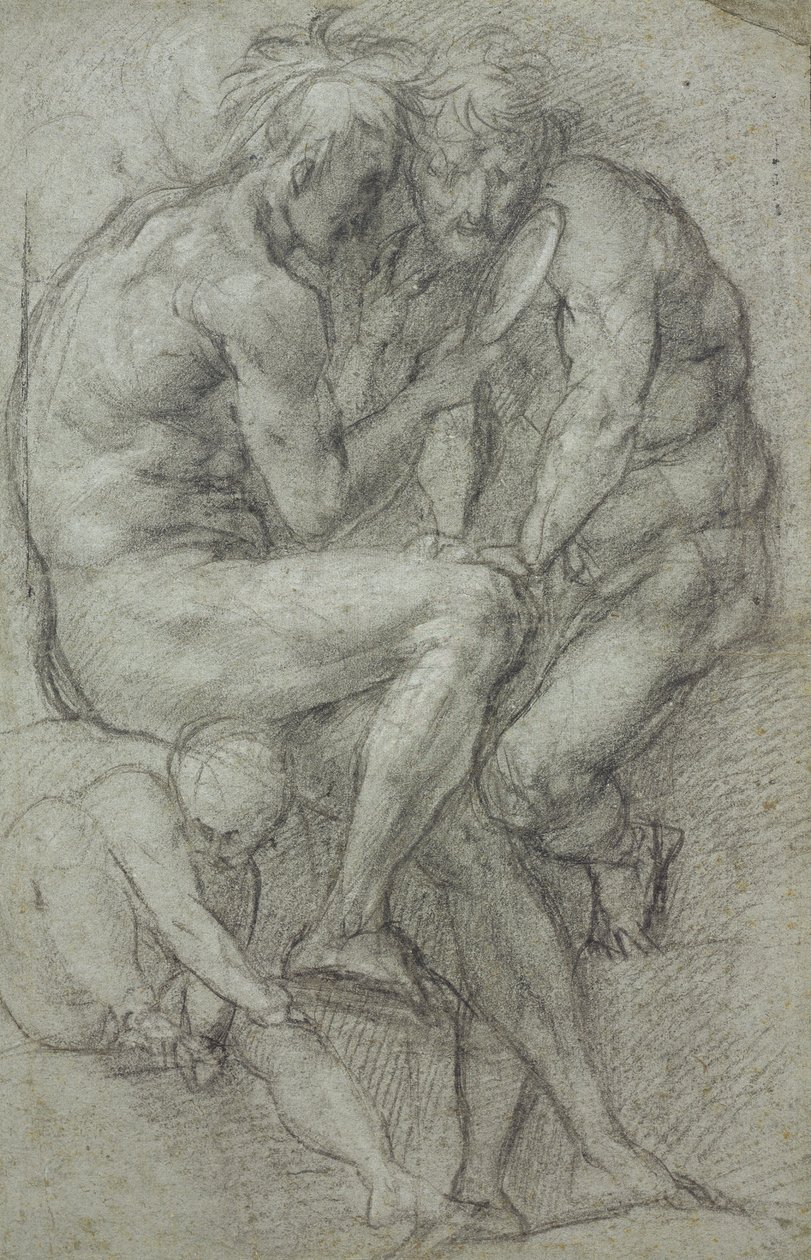 Studien von Akten (zwei Männer, sitzend, in einen Spiegel schauend, und ein sitzender Junge) von Jacopo Carucci