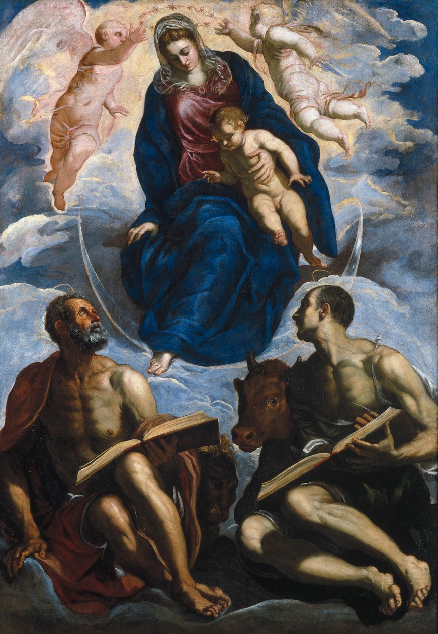Maria mit dem Kind, verehrt von St. Markus und St. Lukas von Jacopo Robusti Tintoretto