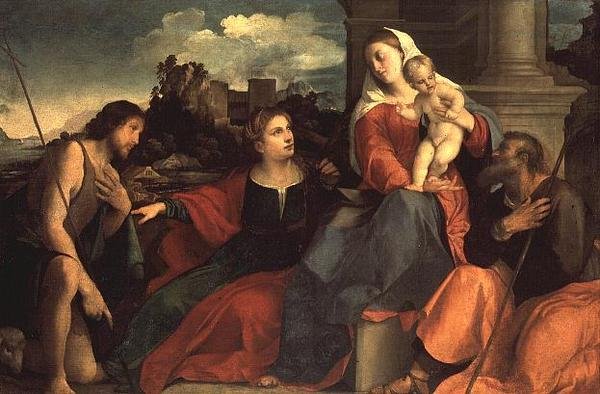 Madonna mit Kind und dem Heiligen Johannes dem Täufer und Heiligen von Jacopo (c.1480 1528) Palma