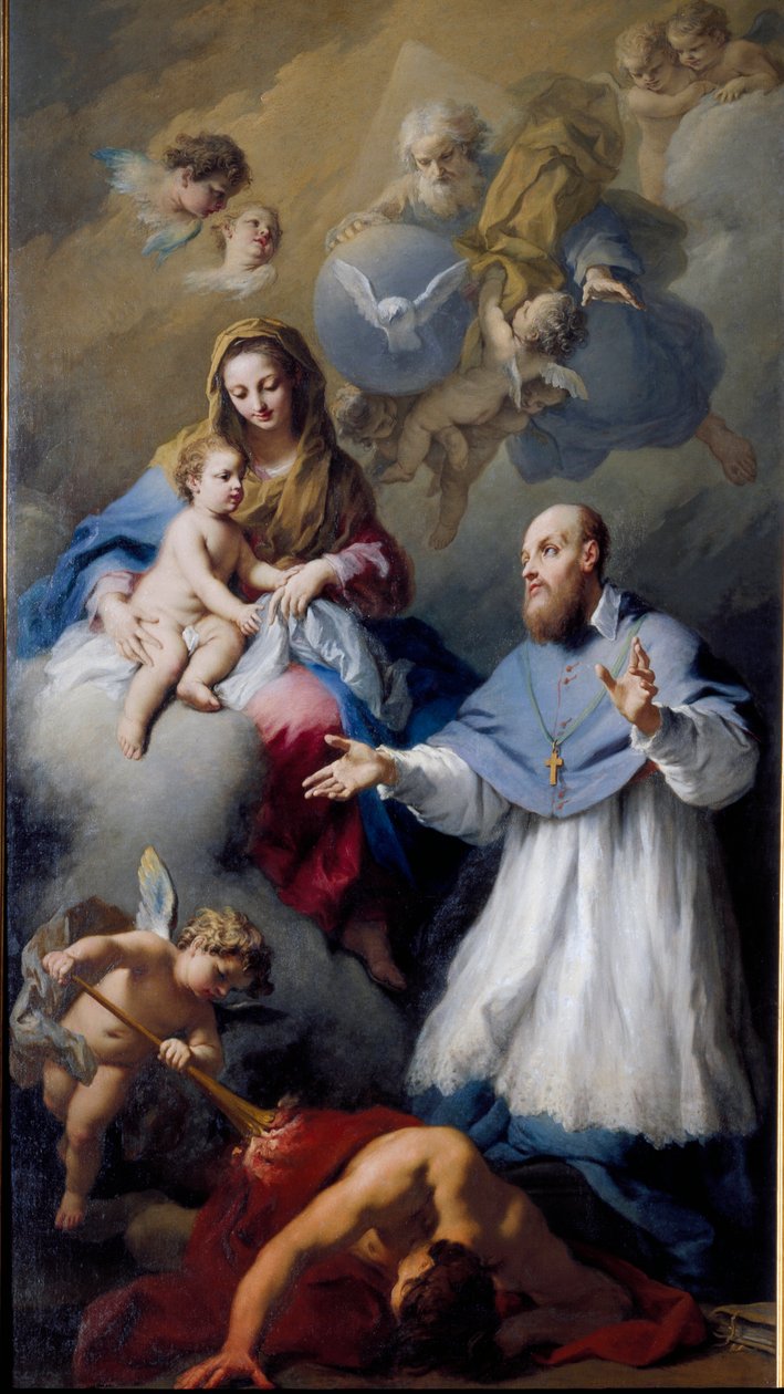 Jungfrau und Kind mit dem heiligen Franz von Sales (1567-1622), Bischof von Genf. Darstellung der Heiligen Dreifaltigkeit mit Jesus Christus, Gott und der Taube des Heiligen Geistes. Gemälde von Jacopo Amigoni (1675-1752), 1743, Venedig, Kirche Santa Maria von Jacopo Amigoni