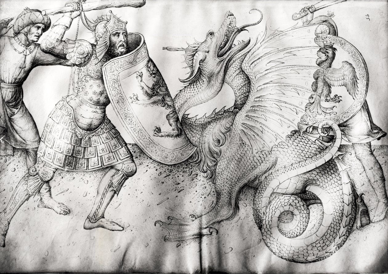 Kampf zwischen Kriegern und einem Drachen, ca. 1450 von Jacopo Bellini
