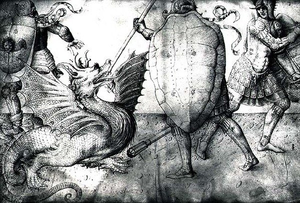 Krieger kämpfen gegen einen Drachen, ca. 1450 von Jacopo Bellini