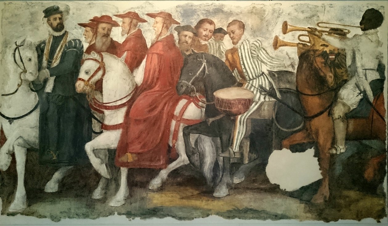 Der Ritt von Karl V. und Clemens VII.: Heinrich von Nassau mit dem Halsband des Goldenen Vlieses von Burgund, gefolgt von Bischöfen, Prälaten und Trompetern. von Jacopo Ligozzi