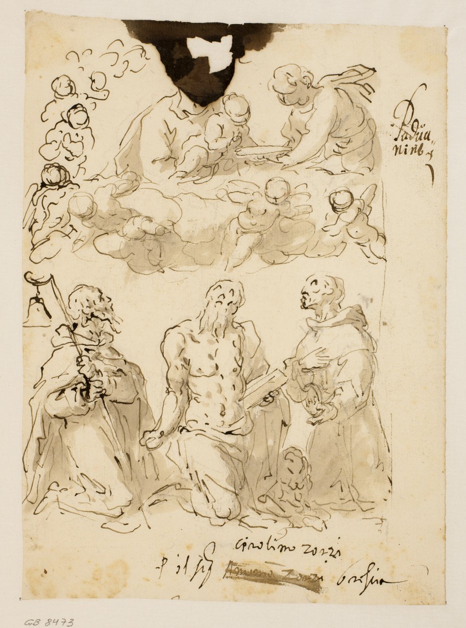 Die Heiligen Antonius, Hieronymus und Bernhard kniend, mit der Jungfrau und dem Jesuskind, umgeben von Engelkindern von Jacopo Palma