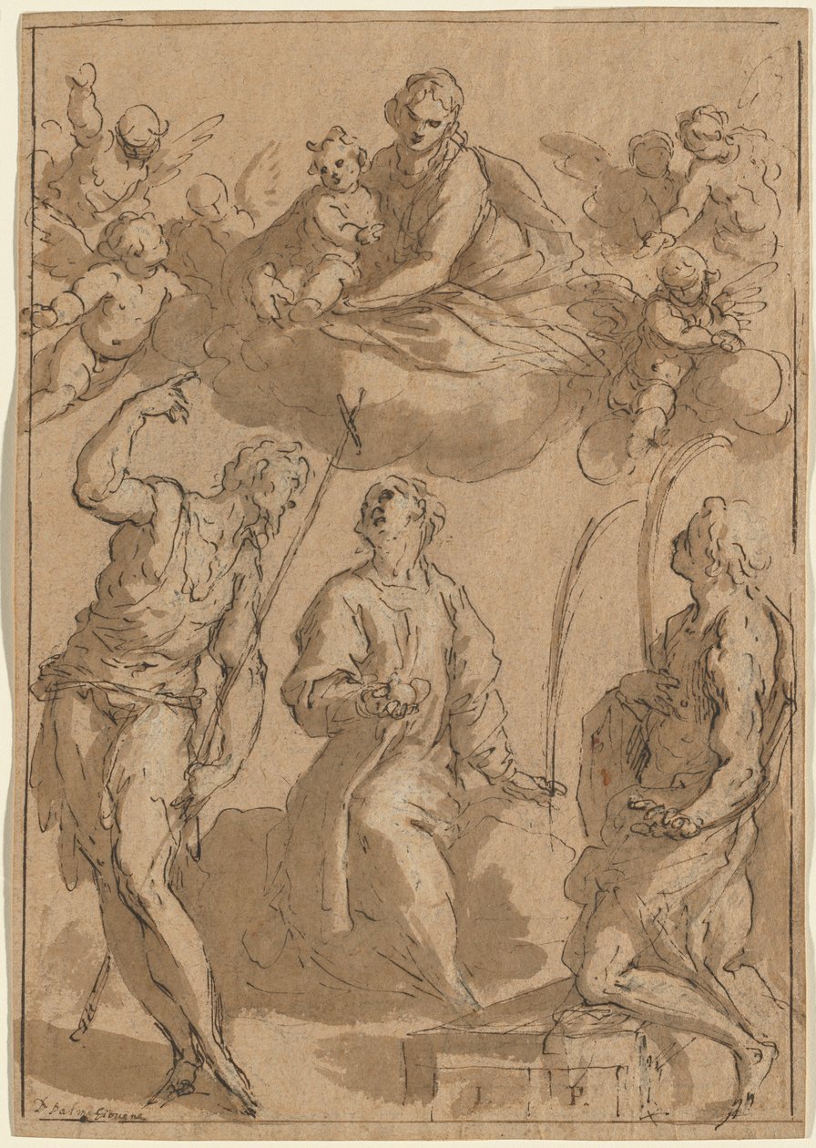 Madonna und Kind in Herrlichkeit mit den Heiligen Johannes dem Täufer, Stephanus und Laurentius von Jacopo Palma il Giovane