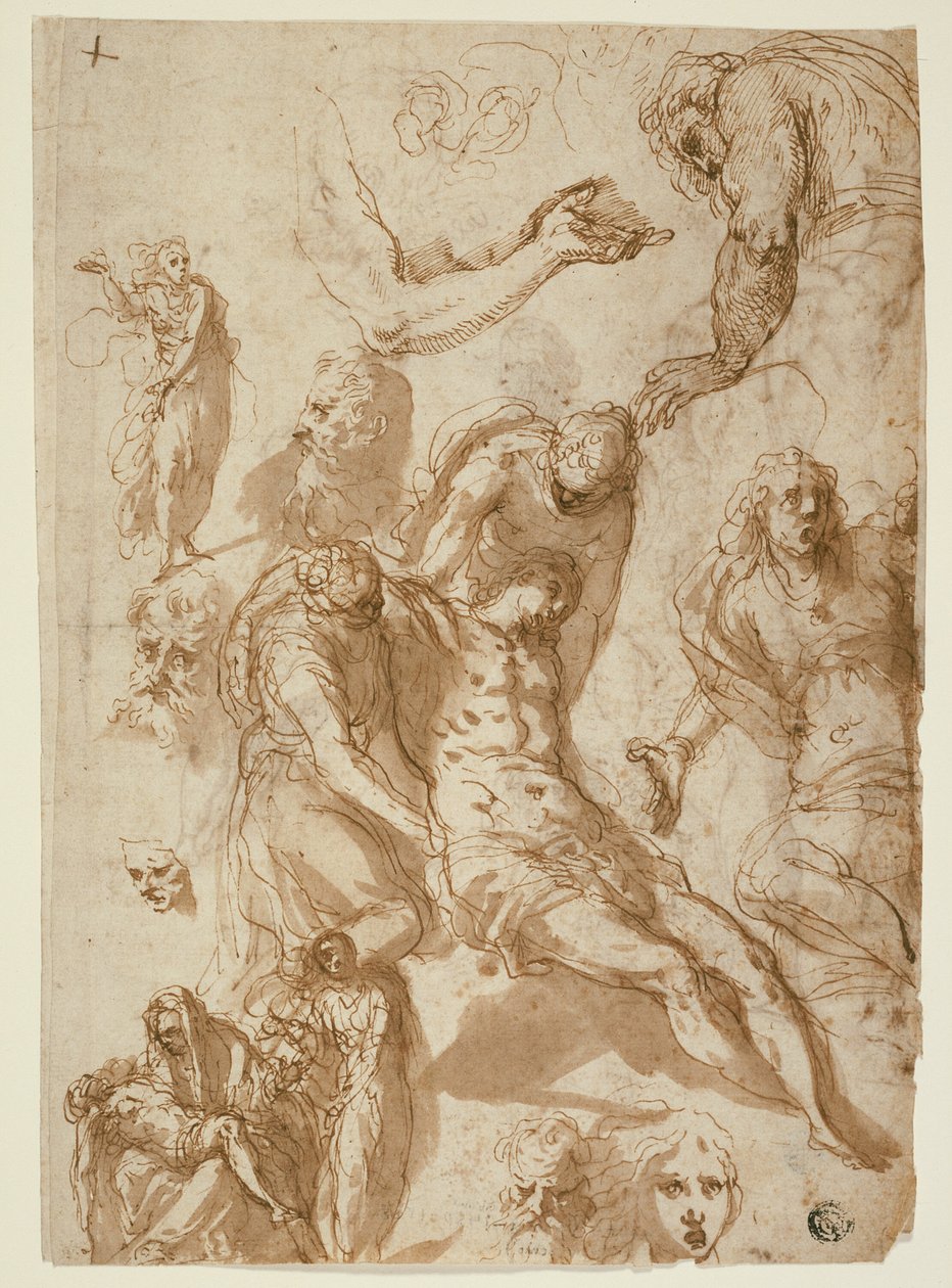 Skizzen für eine Klage und eine Pietà, und von verschiedenen Figuren, Köpfen und einem Arm (recto); Skizzen des toten Christus und von verschiedenen Figuren und Köpfen (verso) von Jacopo Palma il Giovane
