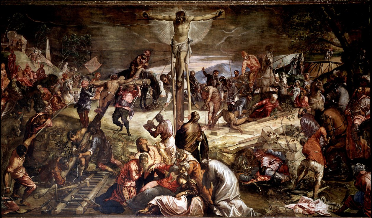 Kreuzigung Gemälde von Tintoretto (Jacopo Robusti) (1518-1594) 1565 Dim 536x1224 cm Venedig, Scuola di San Rocco von Jacopo Robusti Tintoretto
