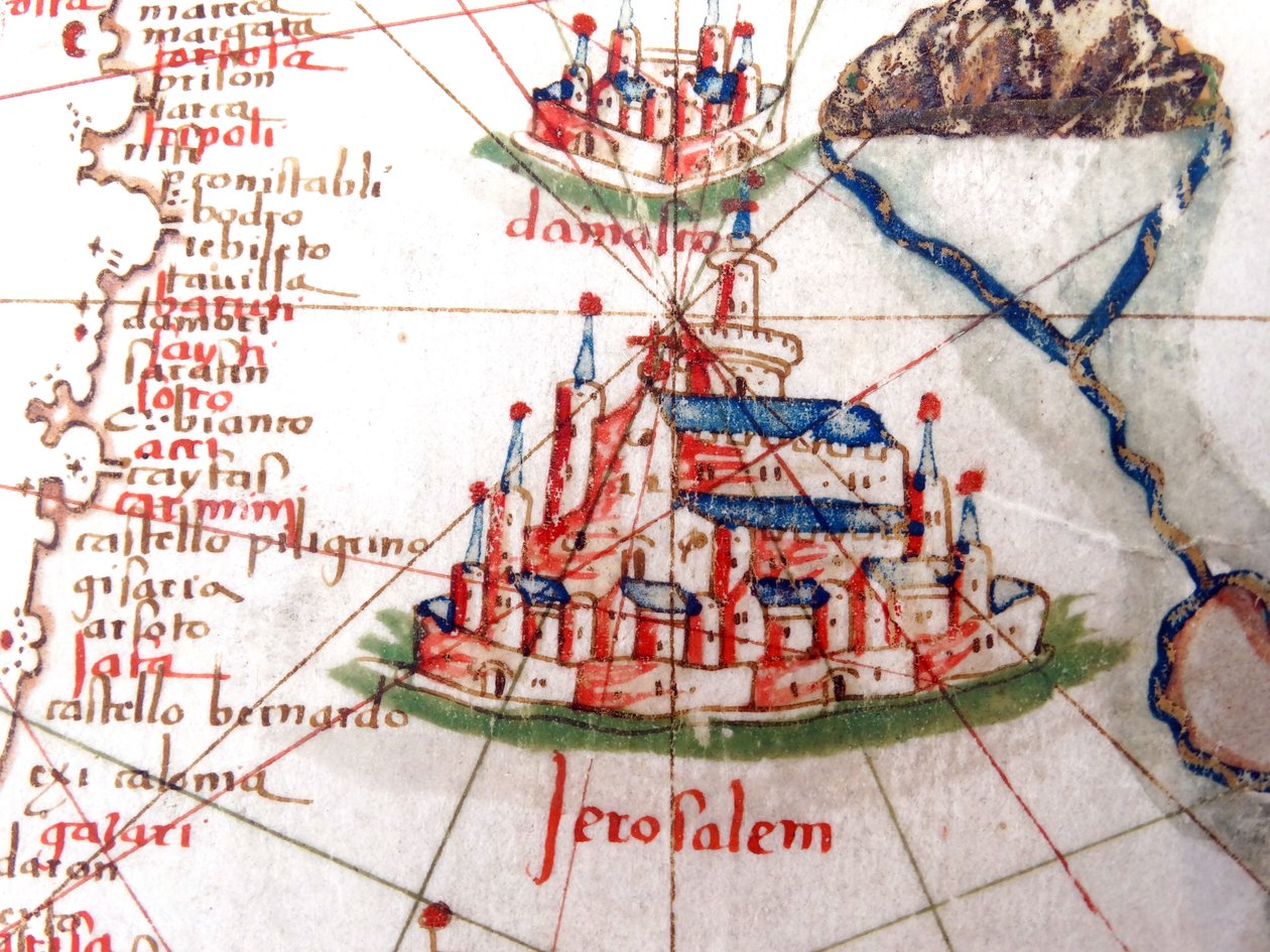 Detail von Jerusalem und Damaskus von einer Renaissance-Karte von Europa, nach Jacopo Russo, 1528 von Jacopo Russo