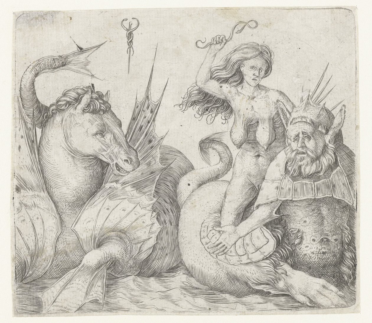 Alte Frau auf dem Rücken eines Tritons neben einem Hippokampus von Jacopo de
