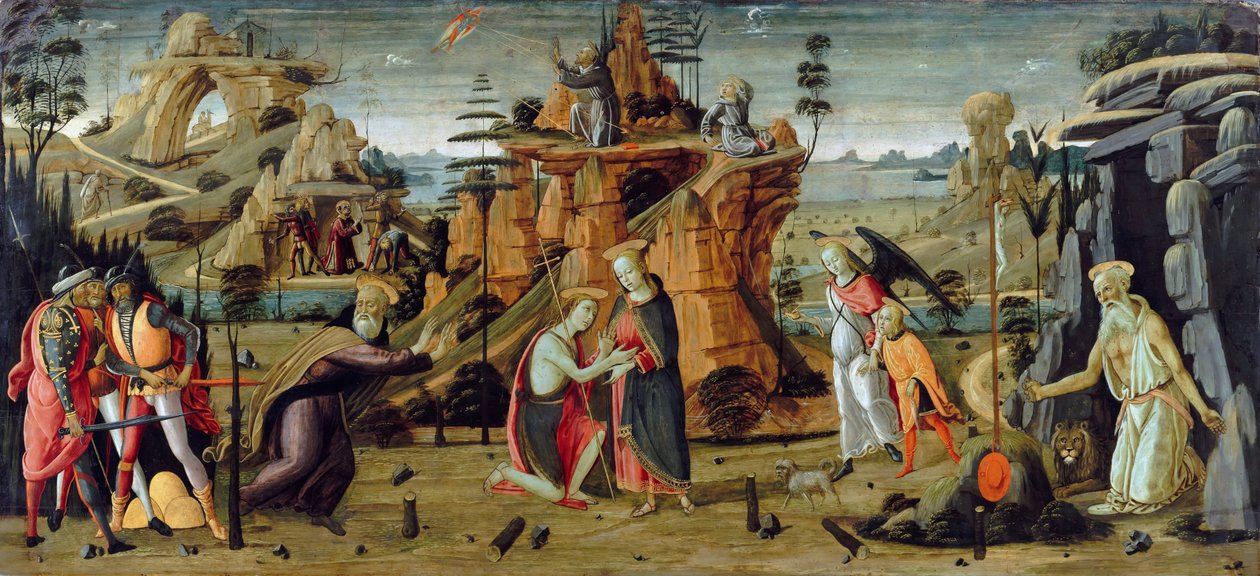 Landschaft mit biblischen Szenen und Legenden der Heiligen von Jacopo del Sellaio