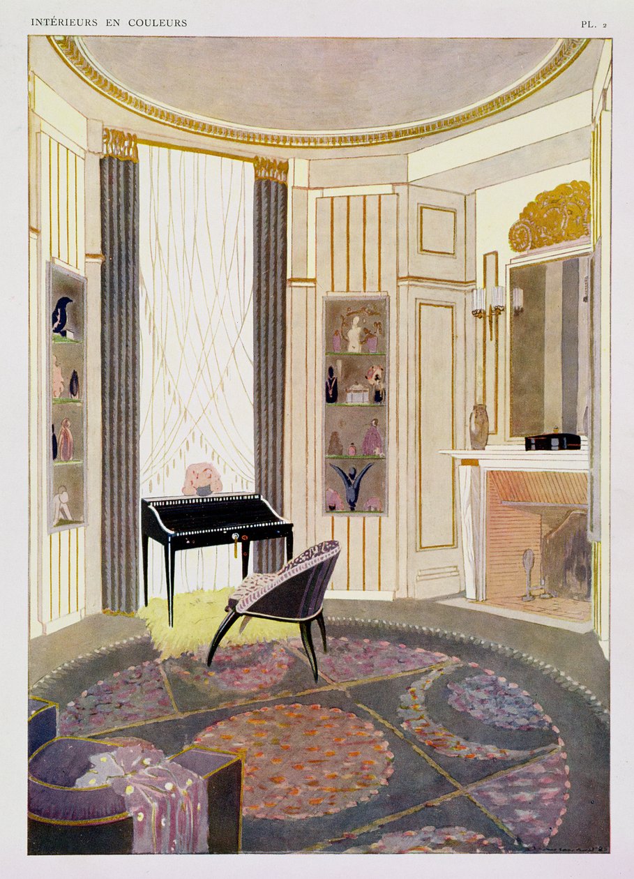 Innenraum mit Möbeln, entworfen von Ruhlmann, aus einer Sammlung von Drucken, veröffentlicht in 4 Bänden von Albert Levy, ca. 1924-26 von Jacques Emile Ruhlmann