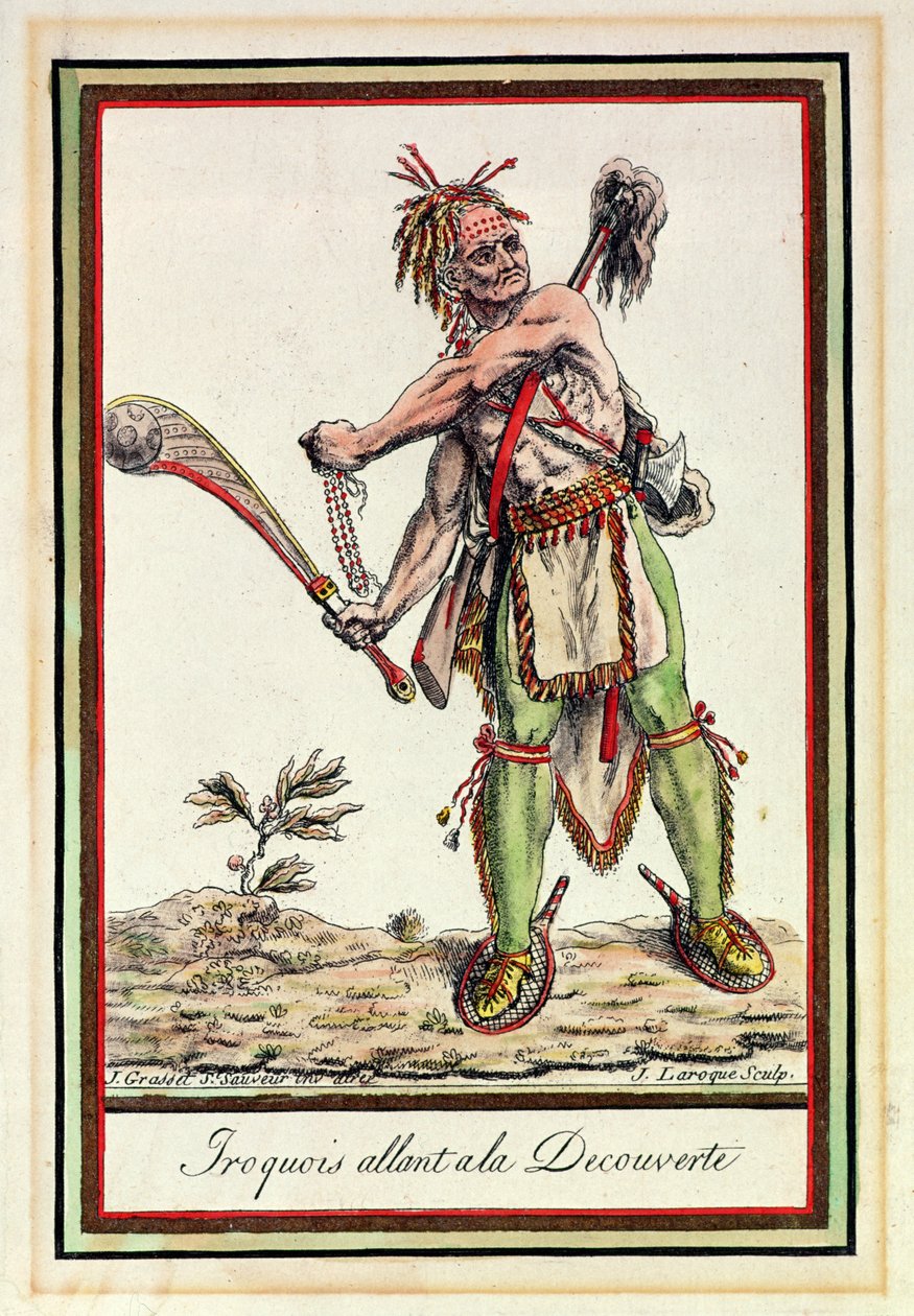 Irokesen brechen zu einer Expedition auf, graviert von J. Laroque von Jacques Grasset de Saint Sauveur