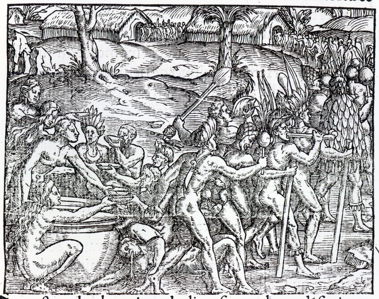 Prozession von Eingeborenen, die trinken und rauchen, graviert von Theodor de Bry (1525-75) von Jacques Le Moyne