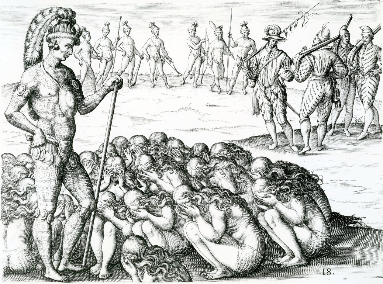 morbo sublati postulata a Rege, Illustration aus Brevis narratio eorvm qvae in Florida Americae provicia Gallis acciderunt 1591 von Jacques Le Moyne