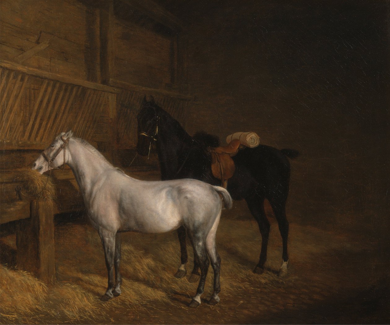 Ein graues Pony und ein schwarzes Reitpferd in einem Stall von Jacques-Laurent Agasse