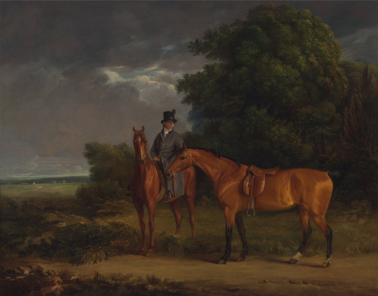 Ein Stallbursche auf einem Kastanienbraunen Jäger, er hält einen Braunen Jäger an den Zügeln von Jacques-Laurent Agasse