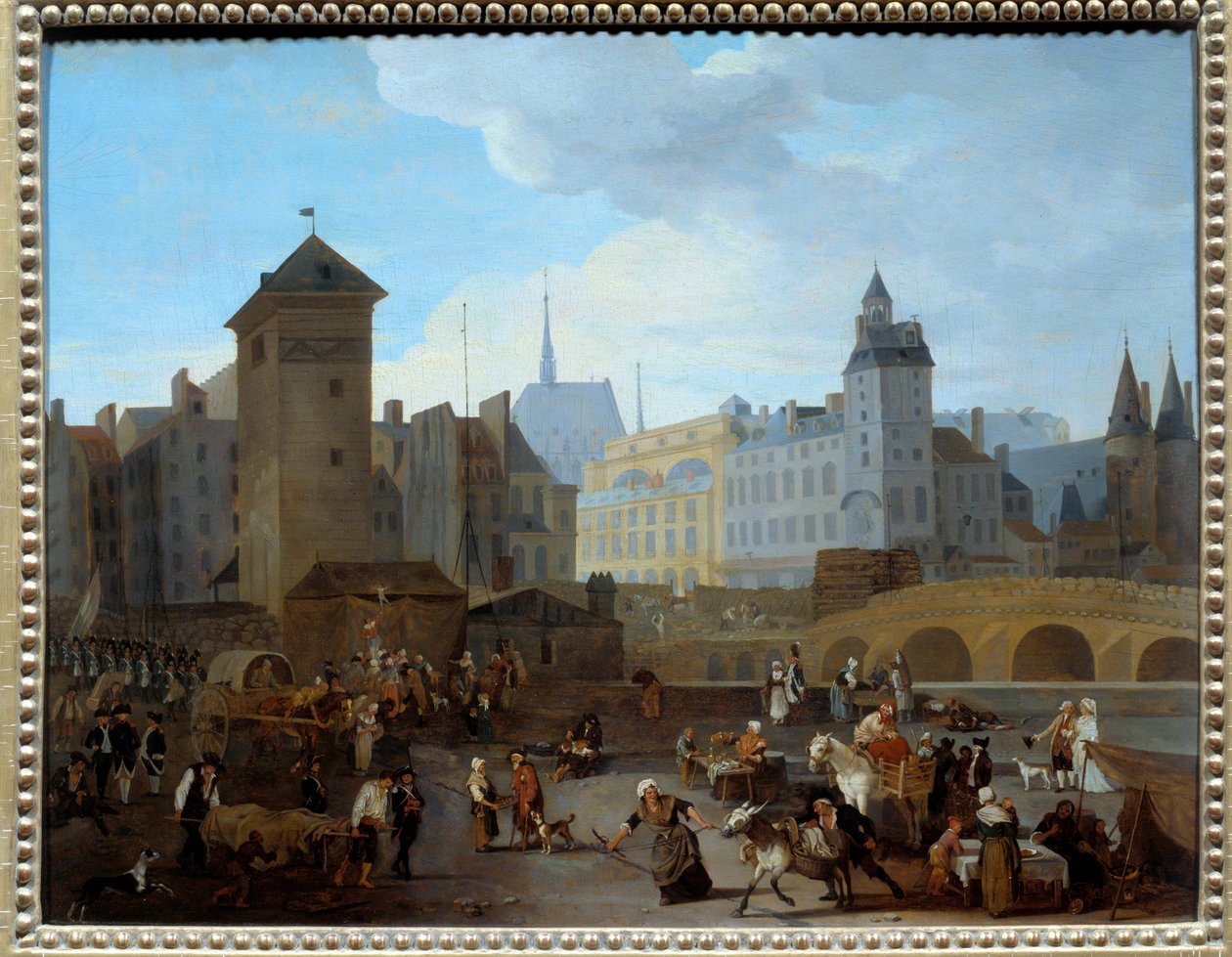 Französische Revolution: Blick auf die Brücke und die Pumpe Notre-Dame in Paris von Jacques Albert Senave
