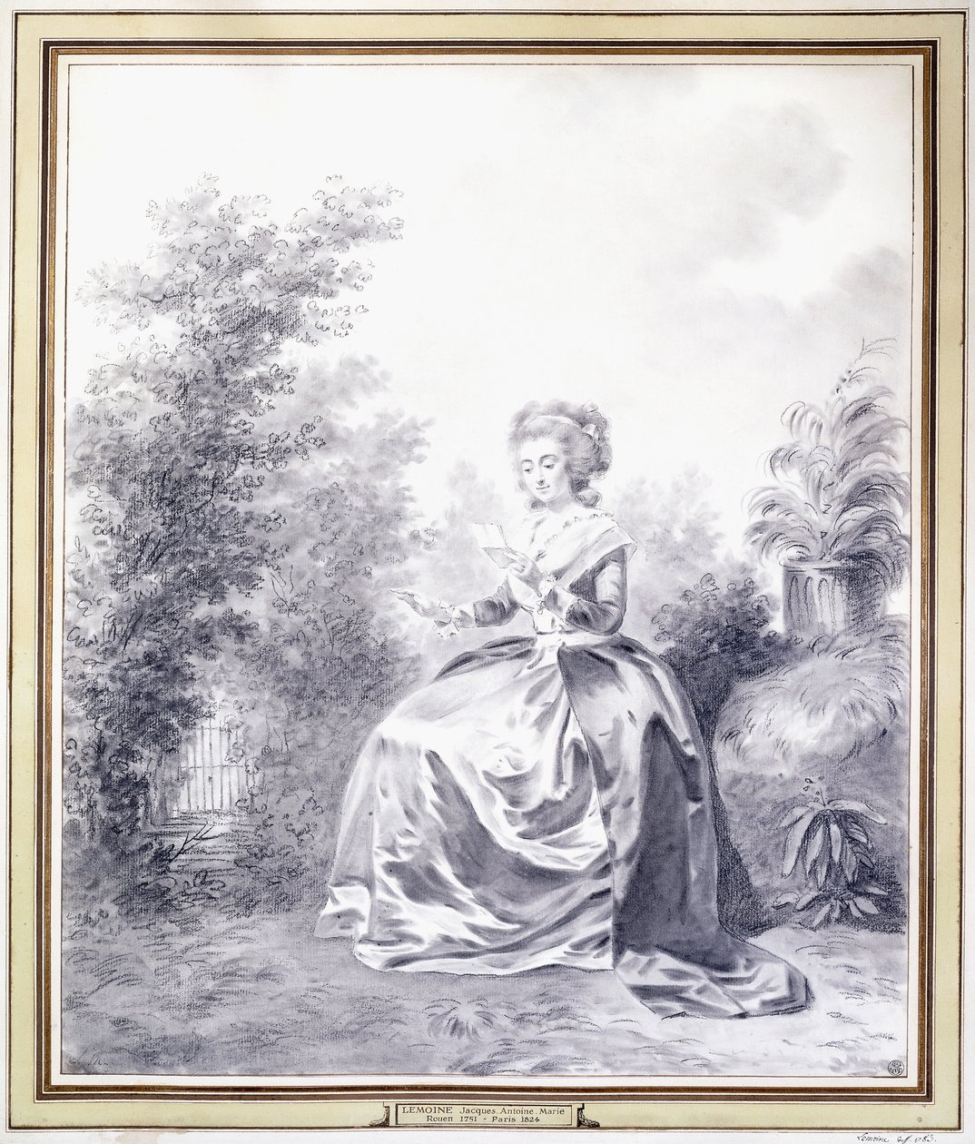 Porträt von Elisabeth Louise Vigee-Lebrun, die im Garten einen Brief liest von Jacques Antoine Marie Lemoine