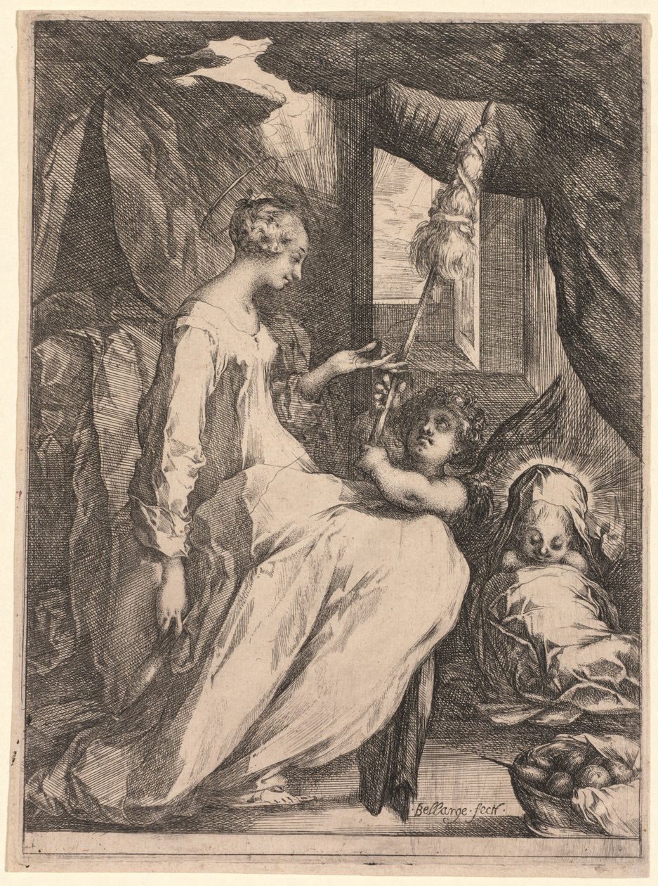 Die Jungfrau und das Kind mit Spindel und einem Engel, um 1611-1613 von Jacques Bellange