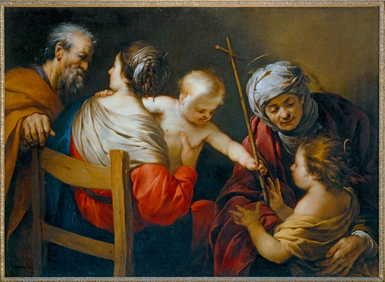Die Heilige Familie mit der heiligen Elisabeth und dem kleinen Johannes dem Täufer, dem das Jesuskind ein Schilfrohrkreuz gibt von Jacques Blanchard