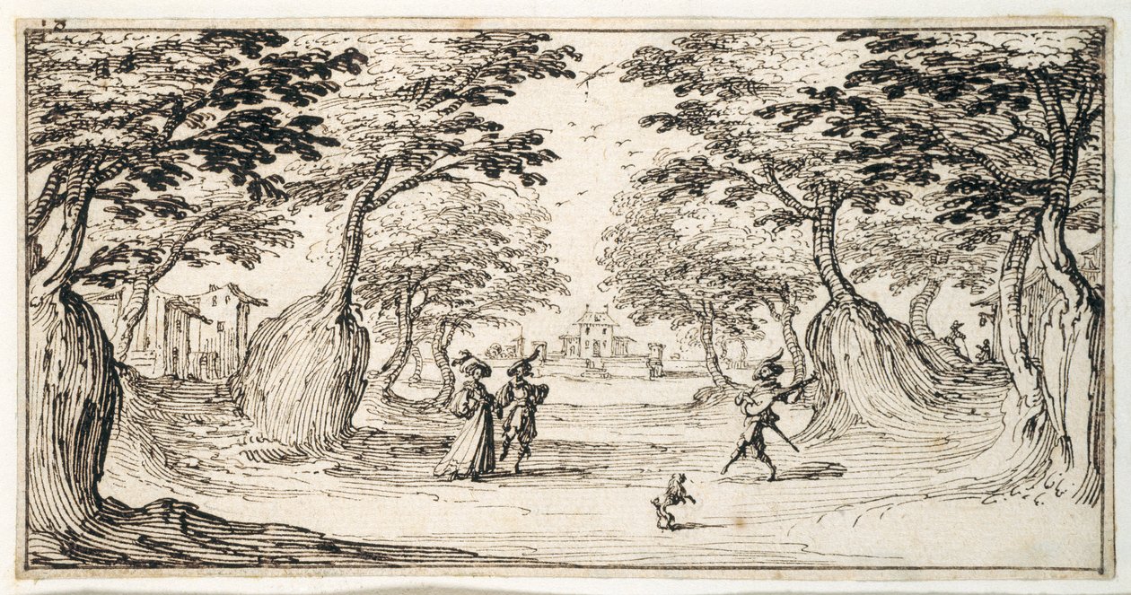 Ein feiner Herr und eine Dame tanzen im Wald zu einer Laute, ein Schloss in der Ferne von Jacques Callot