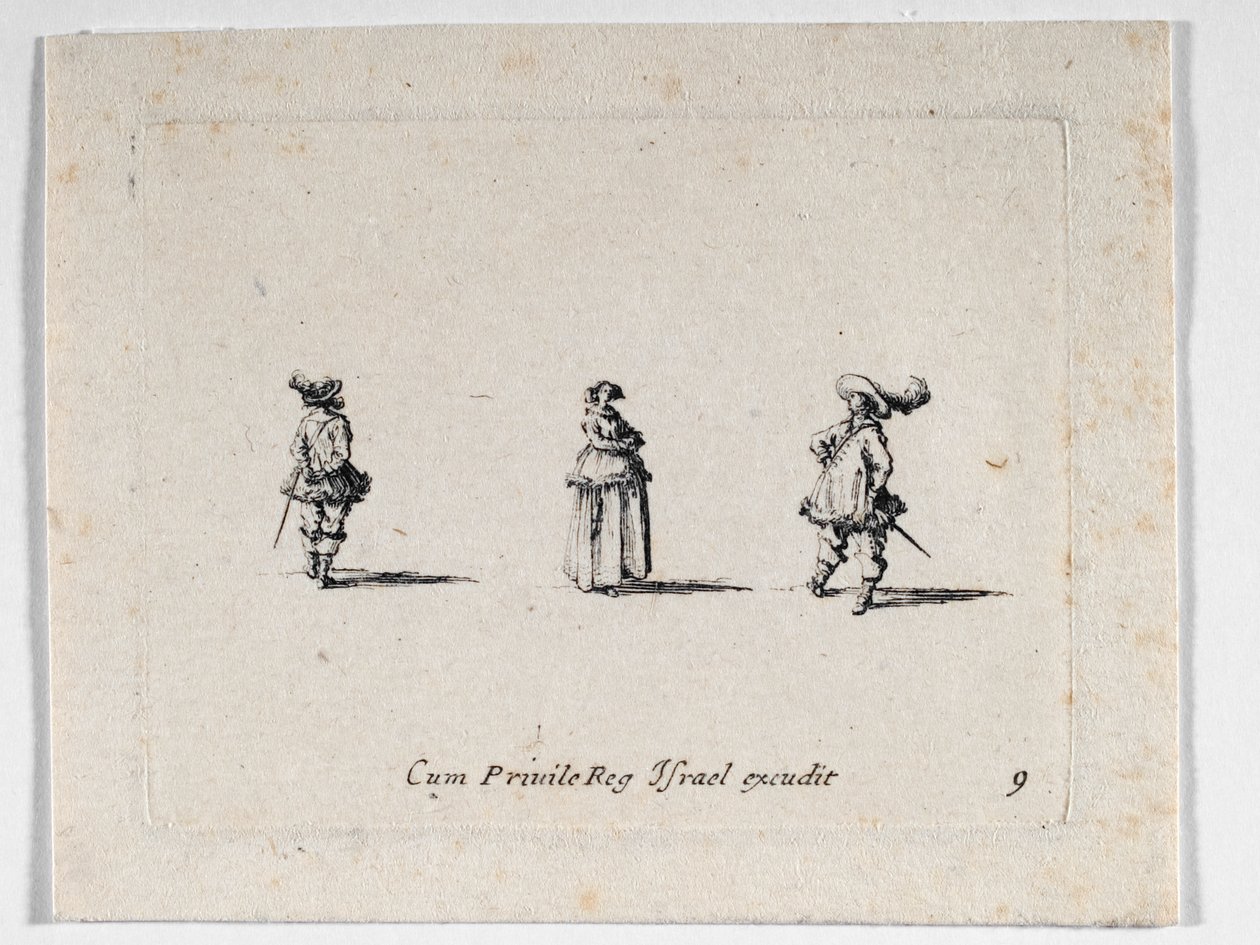 Eine Dame mit verschränkten Armen und zwei Kavaliere (Gravur) von Jacques Callot
