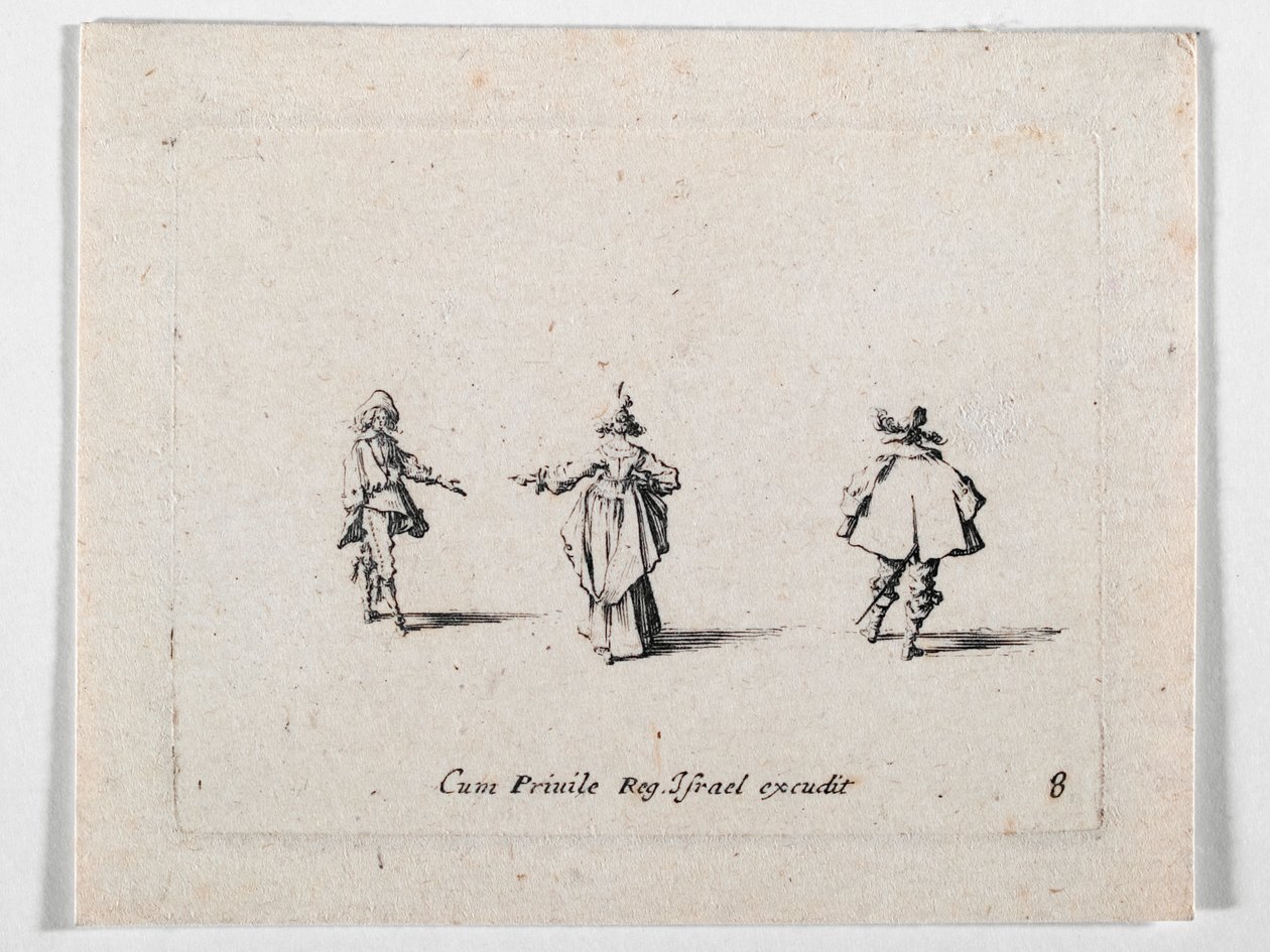 Eine Dame mit ausgestreckter Hand, von hinten gesehen, und zwei Kavaliere, aus Les Fantaisies de Noble J. Callot von Jacques Callot