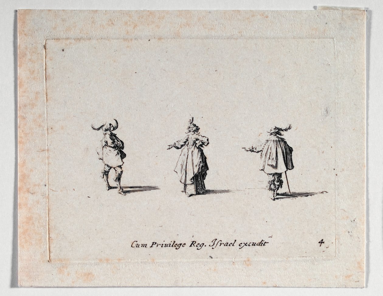 Eine Dame mit ausgestreckter Hand und zwei Kavaliere, aus von Jacques Callot