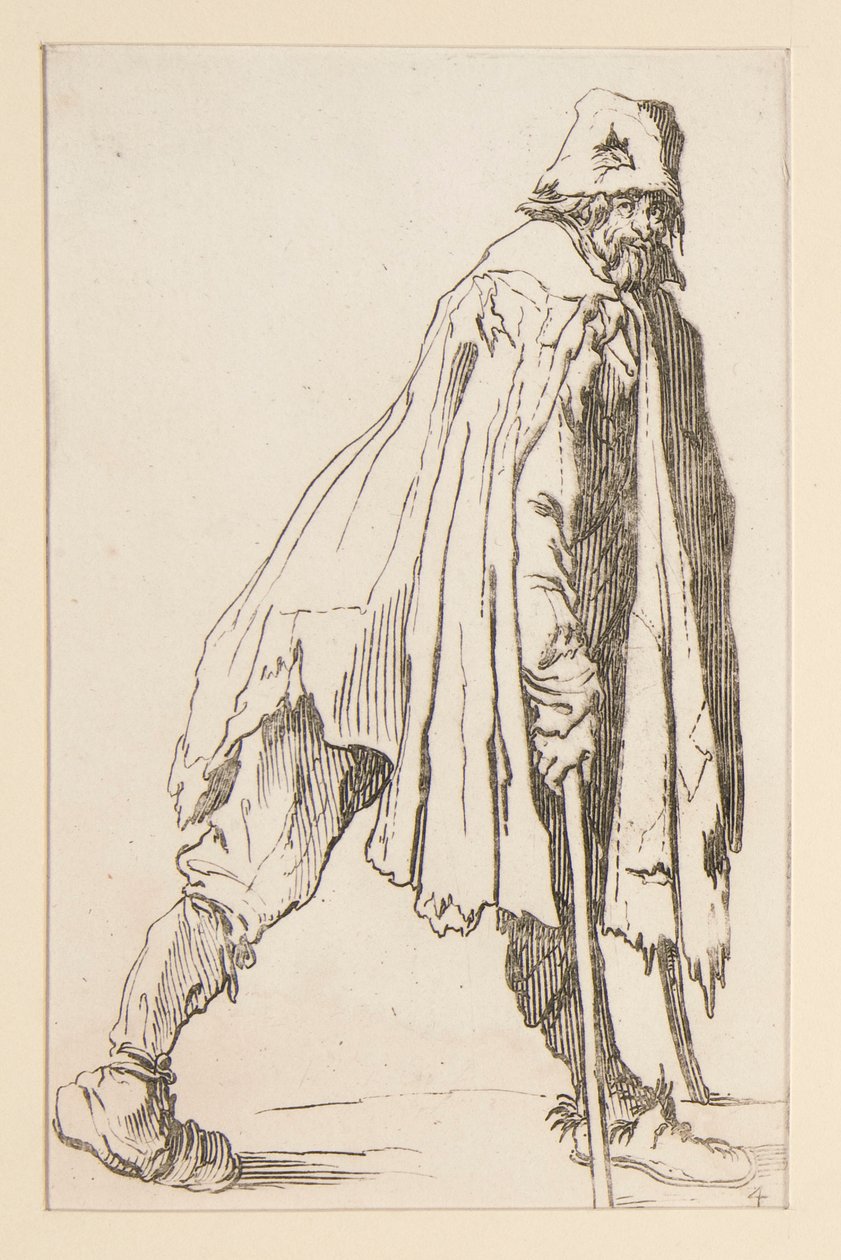 Bettler mit Mütze und Krücken, aus Die Bettler von Jacques Callot