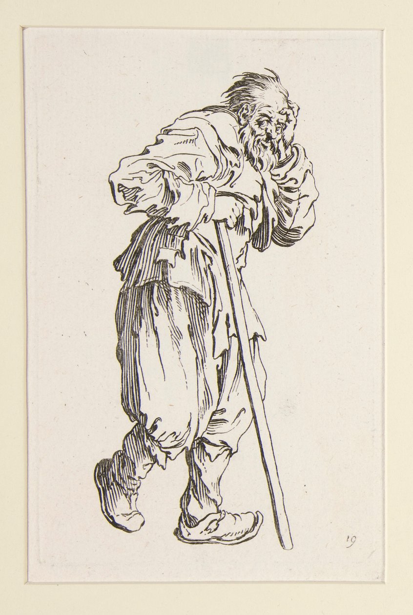 Bettler, der sich auf einen Stock stützt, aus Die Bettler (Le gueux appuyé sur un bâton) von Jacques Callot