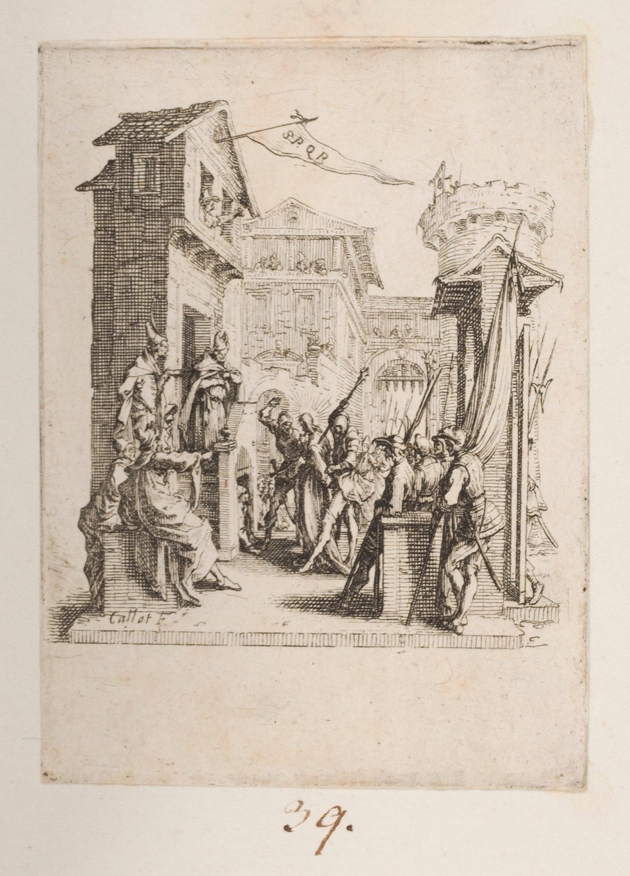 Christus vor Kaiphas gebracht, Nr. 7 von 11 aus Die kleine Passion von Jacques Callot