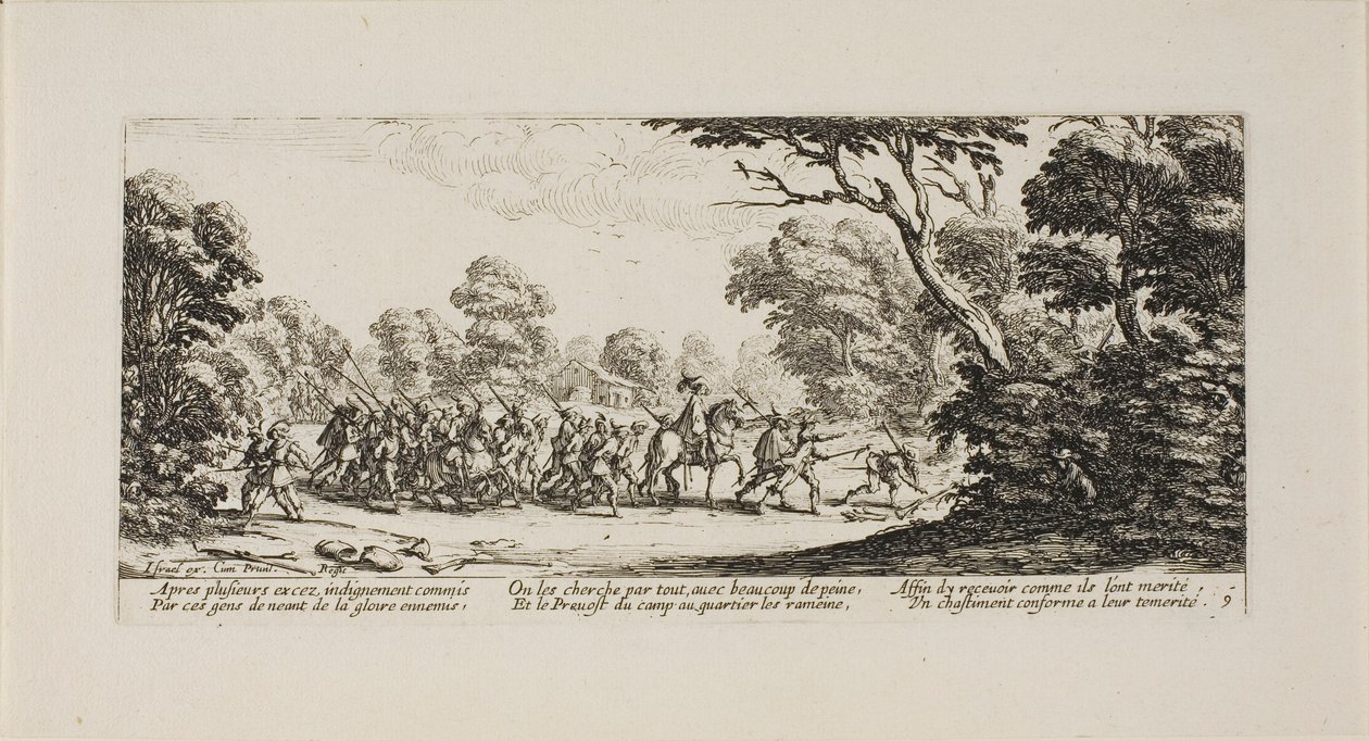 Entdeckung der kriminellen Soldaten, Tafel neun aus Die Leiden des Krieges von Jacques Callot