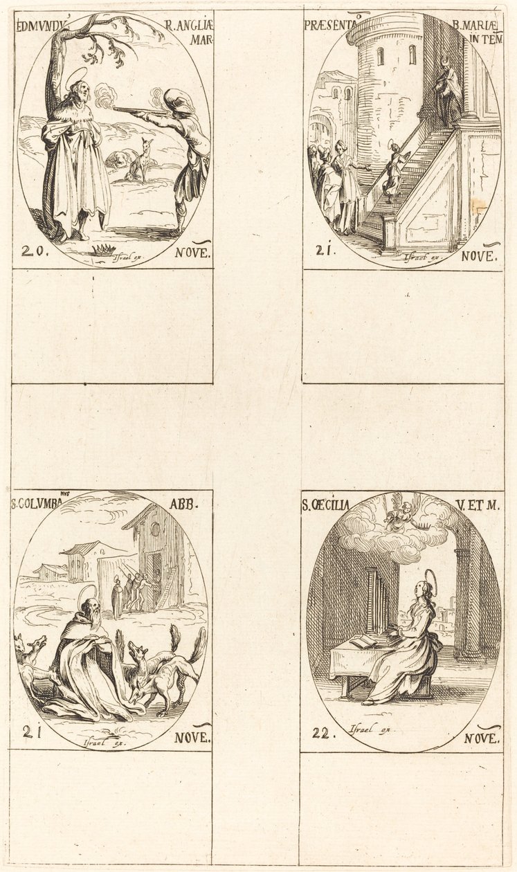Edmund, König von England, Märtyrer; Darstellung der Jungfrau; St. Columban; St. Cäcilia von Jacques Callot