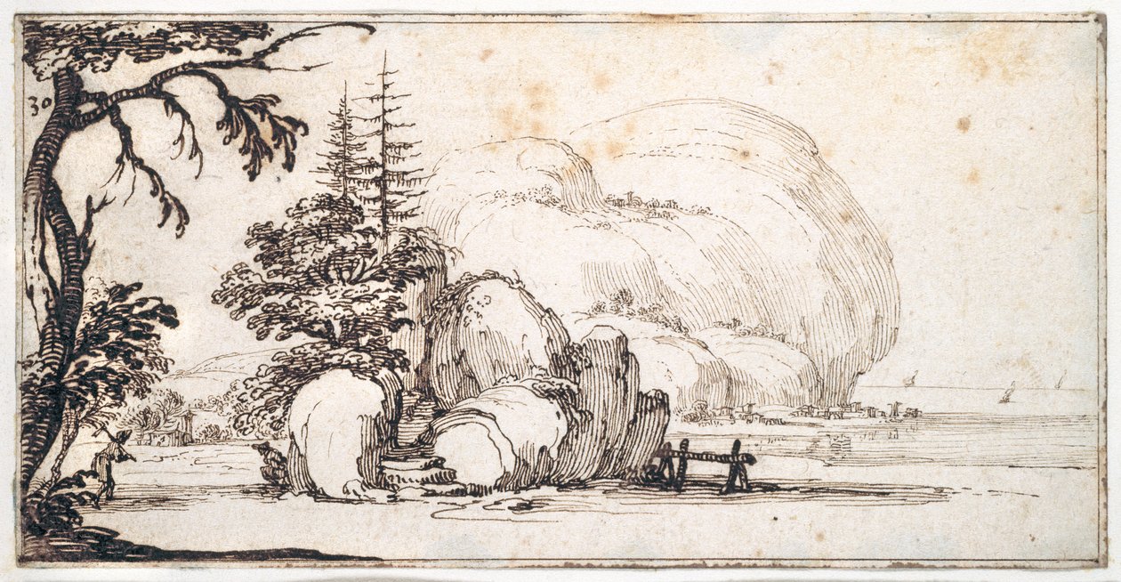 Fantastische Felsen an der Küste, Gebäude am Ufer von Jacques Callot