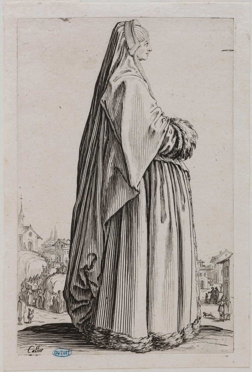 Der Adel, Die Dame mit einem großen Schleier und einem mit Pelz besetzten Kleid. Fünftes Stück einer Serie von 12 (Lieure 553, Meaume 679) von Jacques Callot