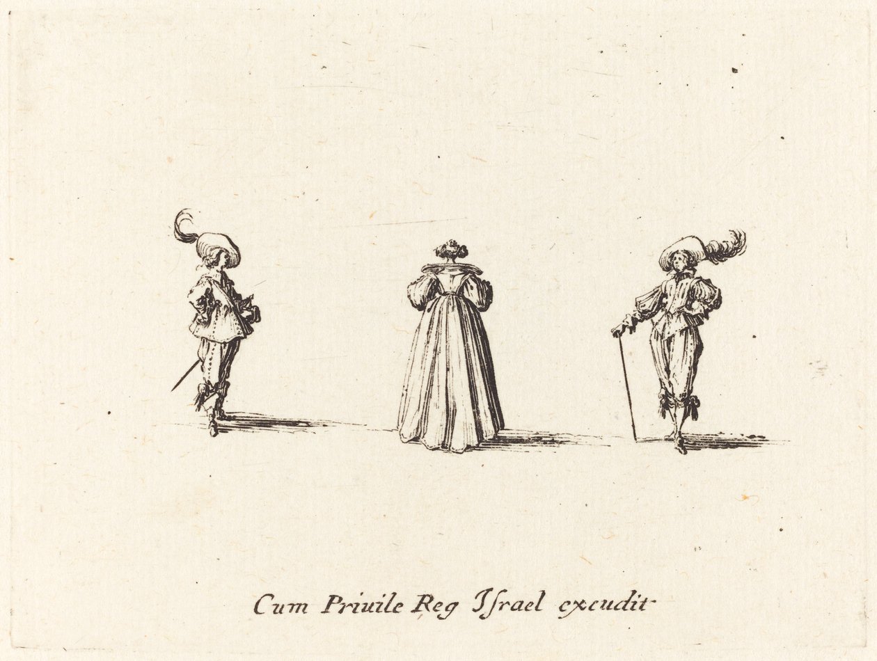 Dame von hinten gesehen und zwei Herren, wahrscheinlich 1634 von Jacques Callot