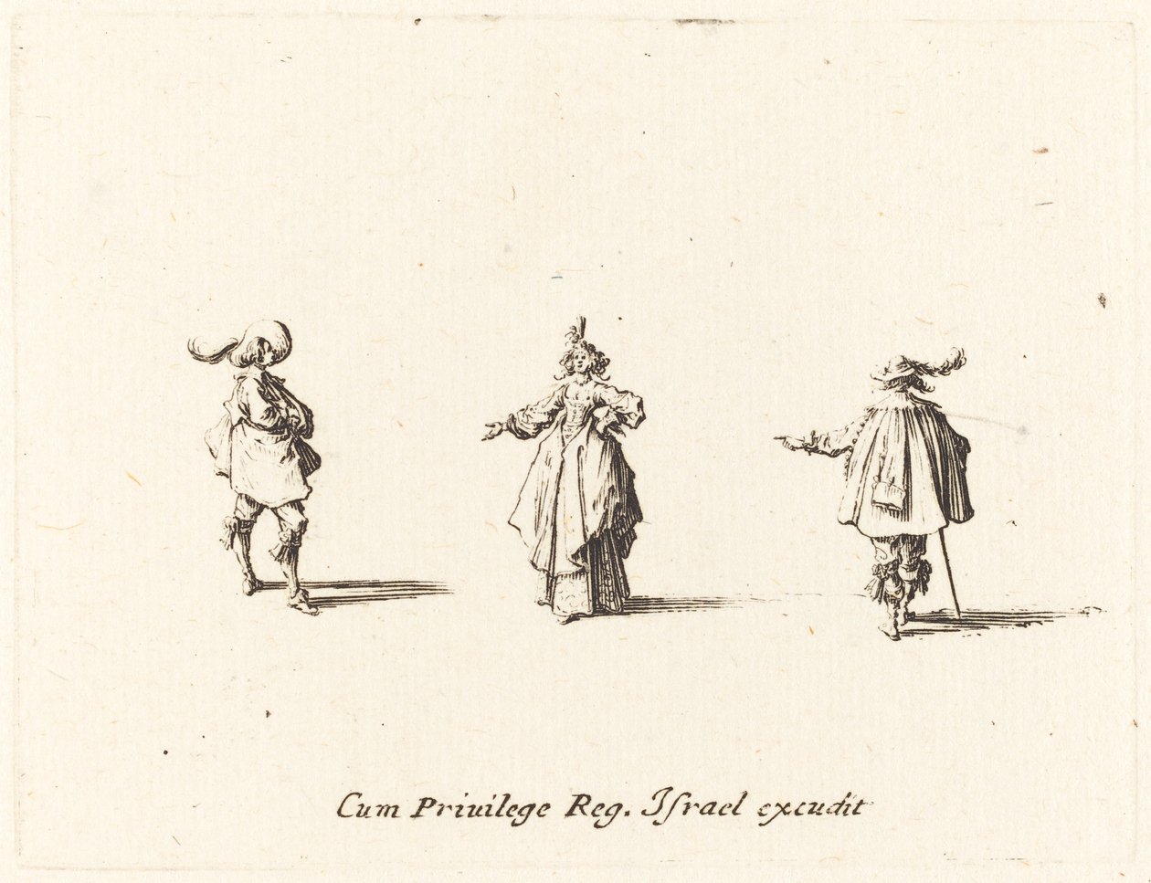 Dame mit ausgestrecktem Arm und zwei Herren, wahrscheinlich 1634 von Jacques Callot