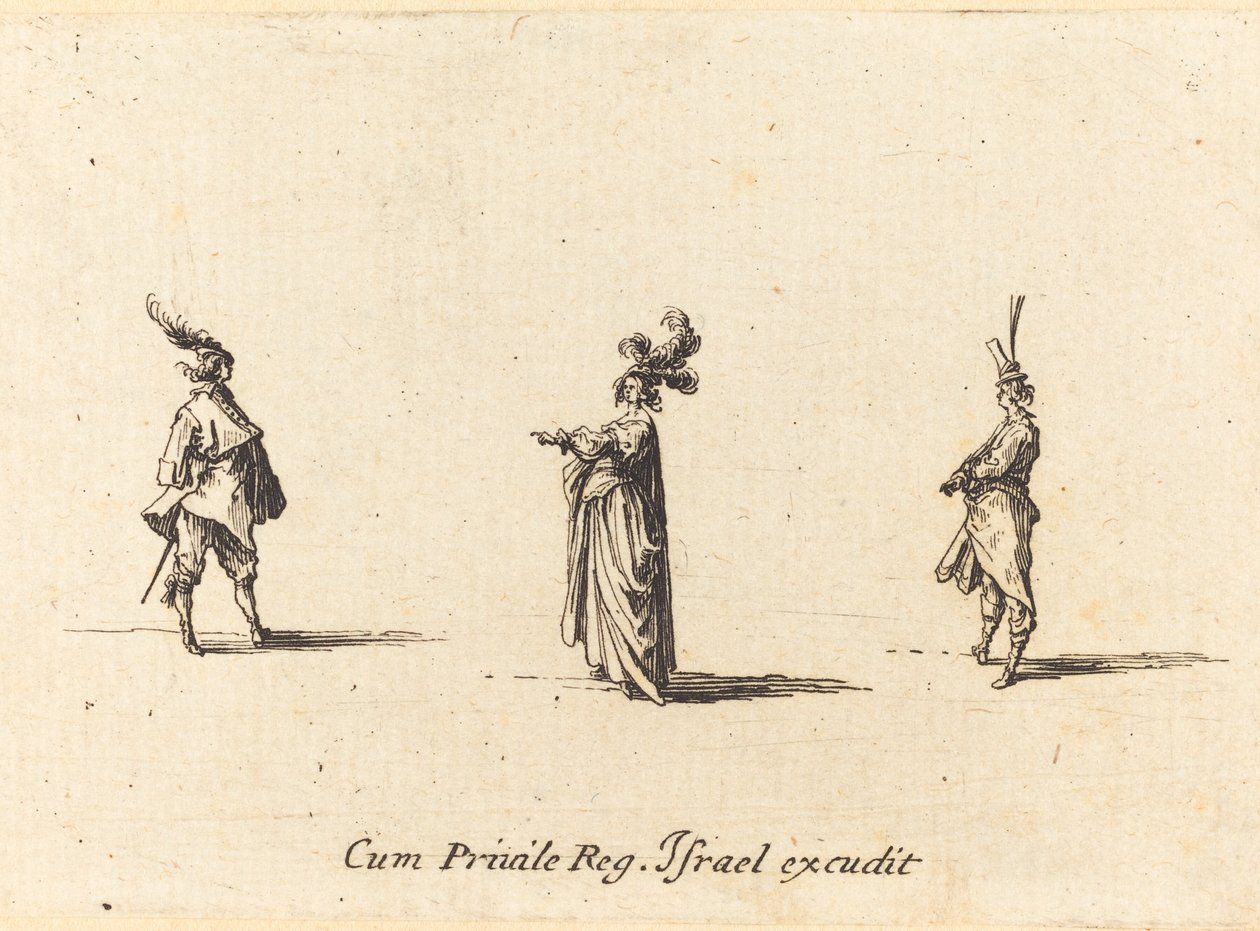 Dame mit Federhut und zwei Herren von Jacques Callot