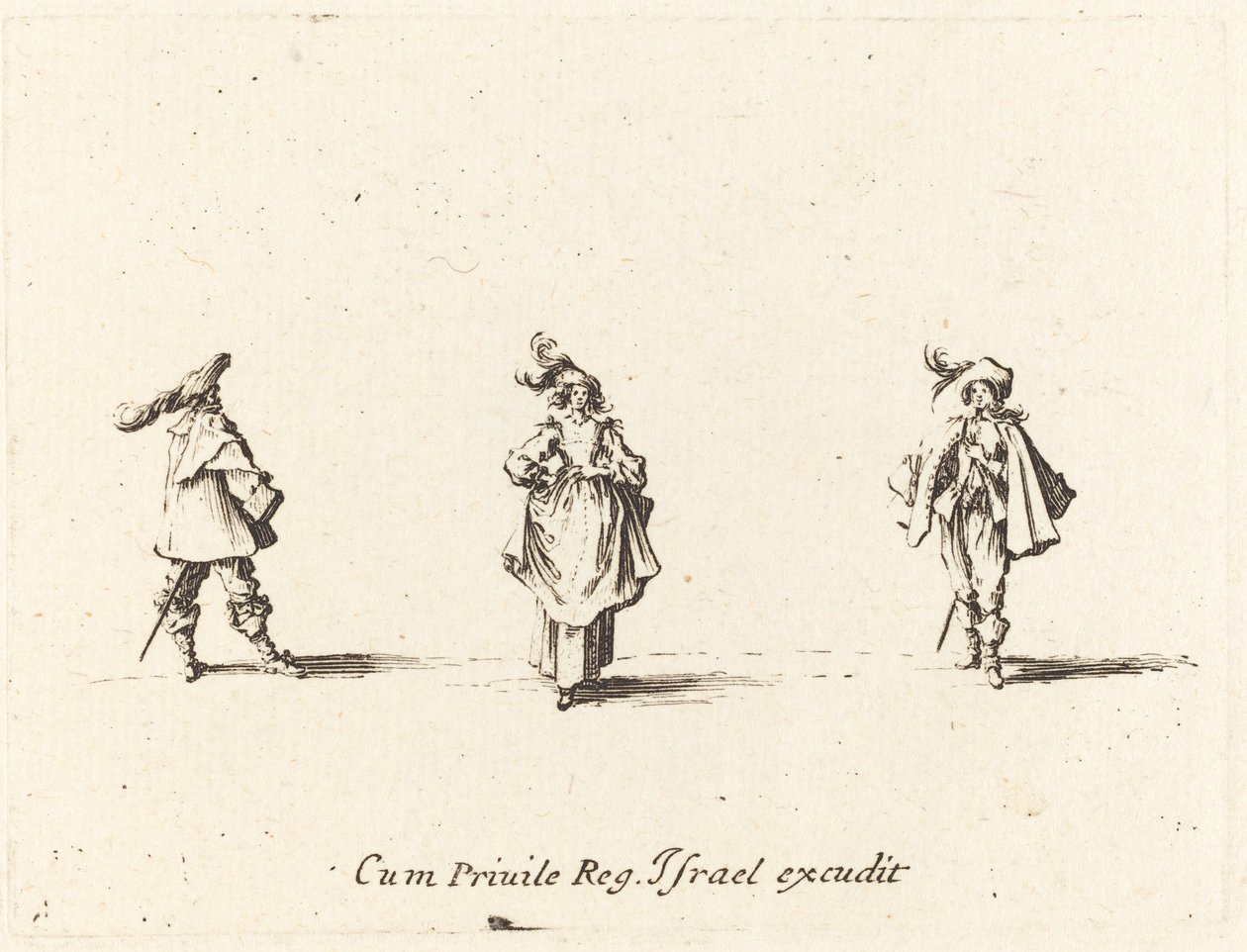 Dame mit Federn und zwei Herren, wahrscheinlich 1634 von Jacques Callot