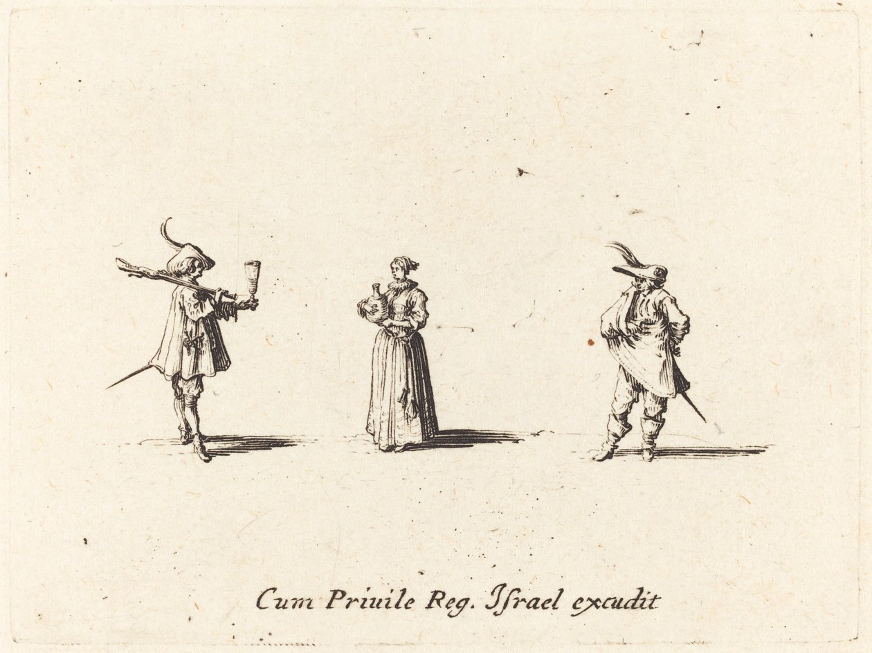 Dame mit Weinflasche und zwei Herren, wahrscheinlich 1634 von Jacques Callot