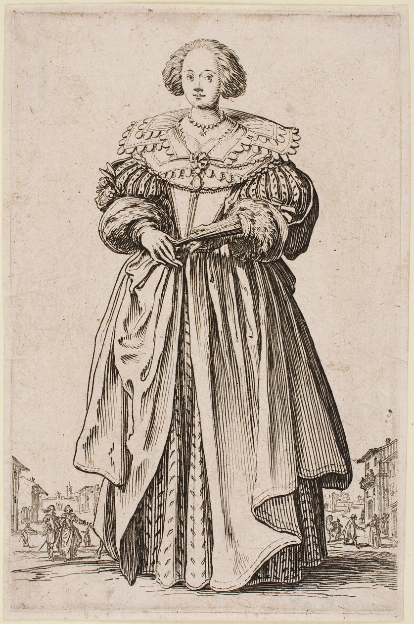Dame mit einem Fächer, aus der Serie „Der Adel von Lothringen“ von Jacques Callot
