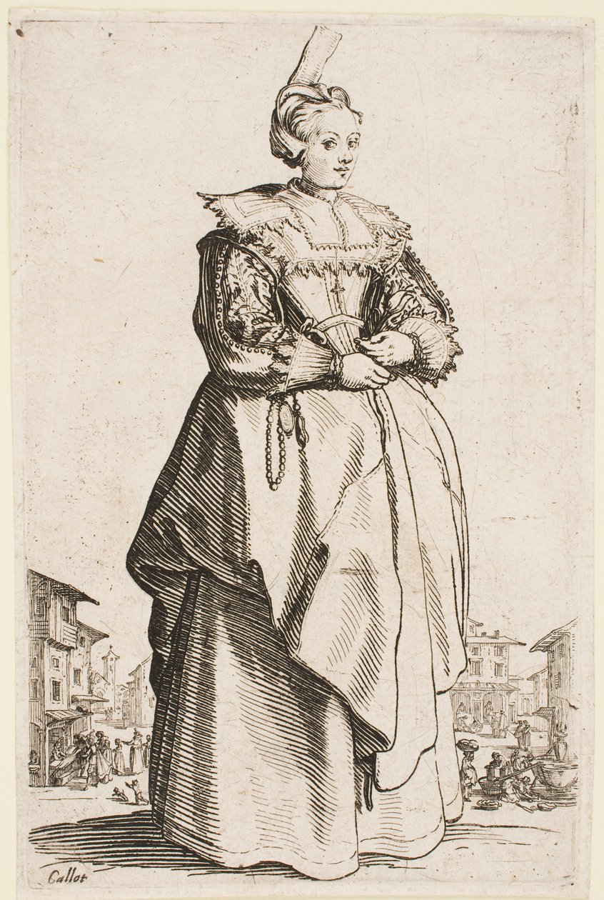 Dame mit erhobenem Hut, aus der Serie „Der Adel von Lothringen“ von Jacques Callot