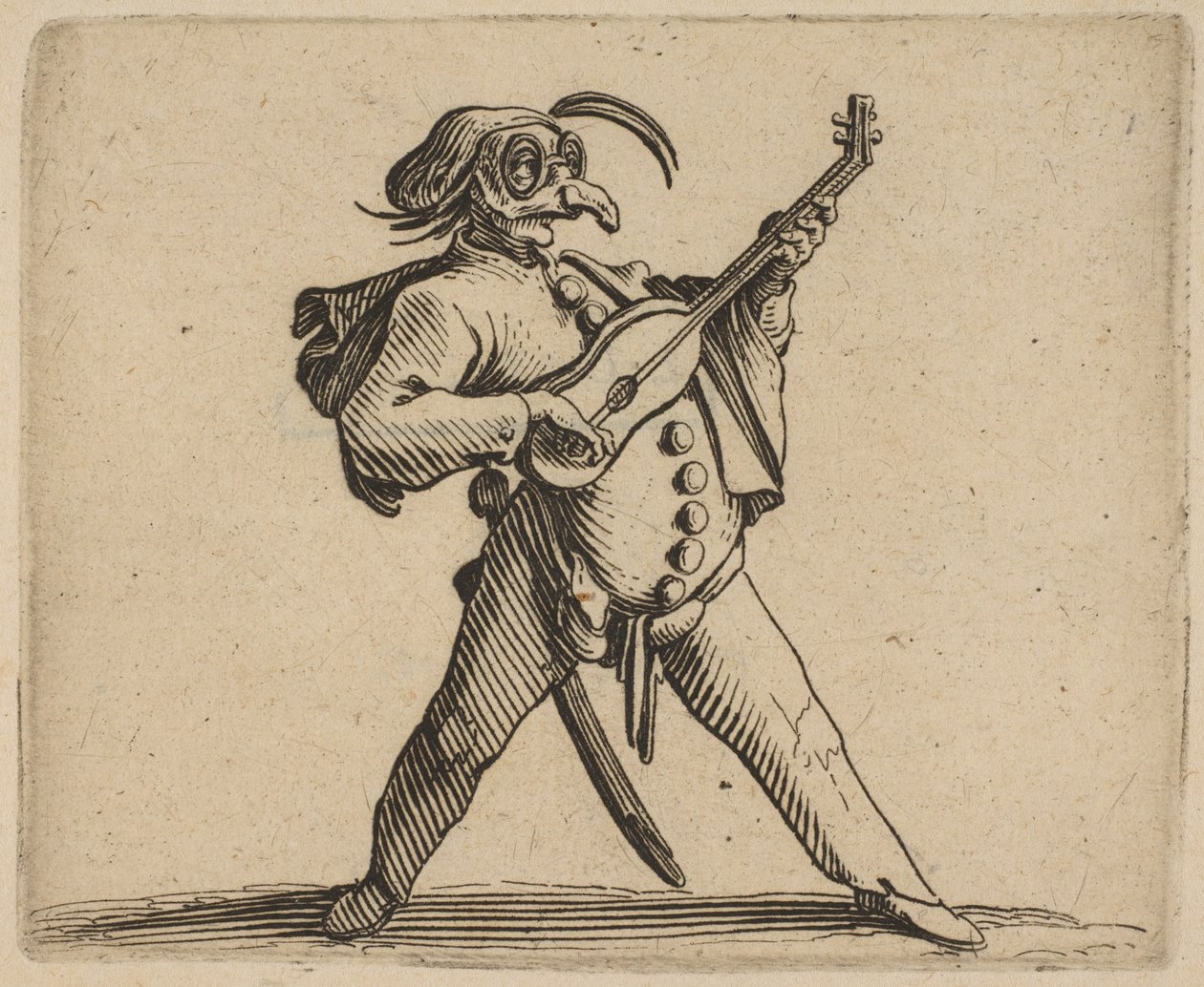 Le Comédien Masqué Jouant de la Guitare, 1616-22 von Jacques Callot